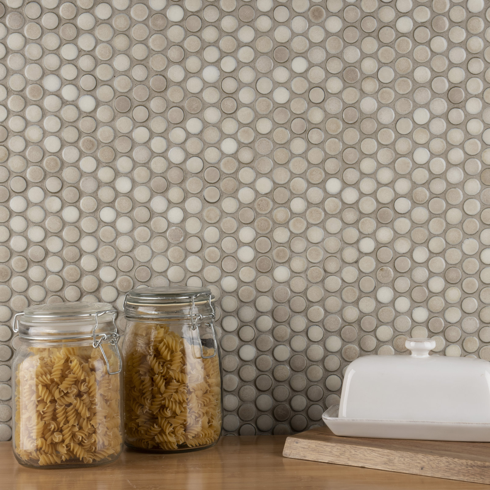 Hudson Penny Round Porcelain Mosaic Tile, Truffle