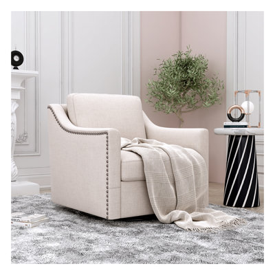 Chaise d'appoint pivotante à 360 degrés avec tissu en lin de coton doux pour la peau - Chaise de salon ergonomique avec garniture cloutée en laiton et pieds en métal noir, siège de chambre blanc moderne