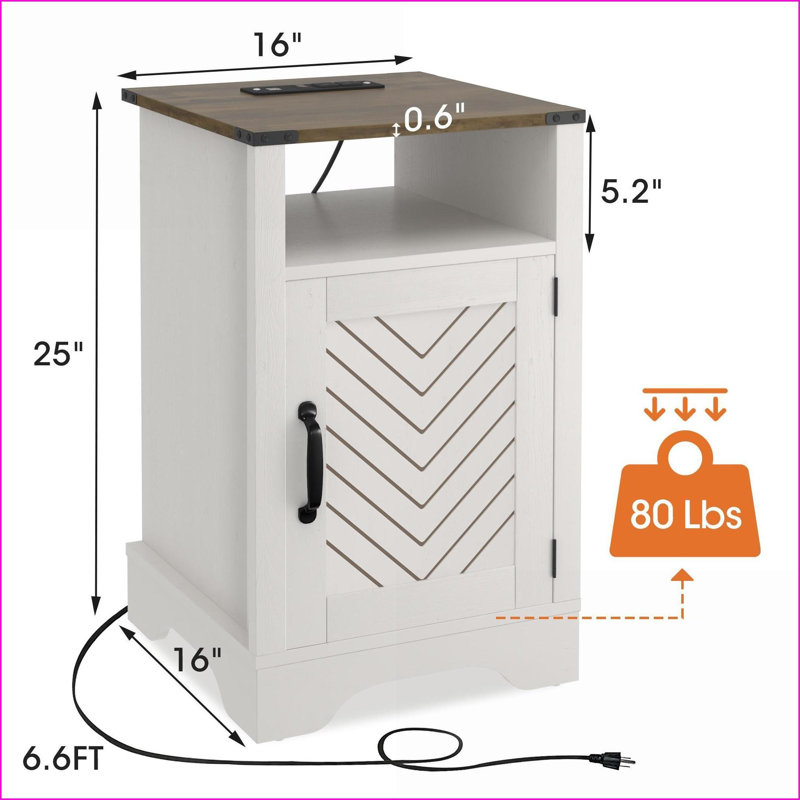 Table de chevet rustique avec station de charge Farmhouse Rangement - chêne blanc, Individuel