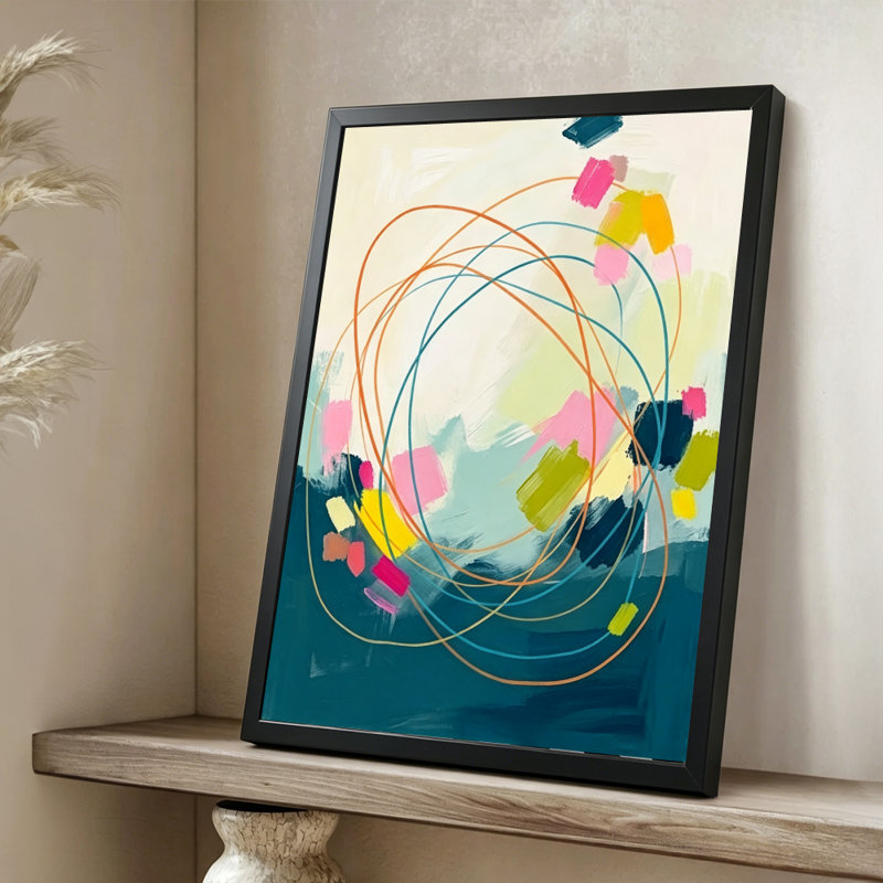 Abstrait moderne et moderne Des tourbillons abstraits colorés s'entrelacent avec des formes vibrantes, de style peinture acrylique expressive. Toile encadrée 24 "x 36" avec cadre en bois noir