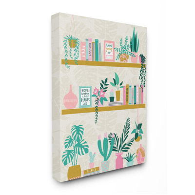 Bibliothèque Chic Cottage avec plante tropicale verdoyante par Angela Nickeas - Reproduction d'art graphique sur bois