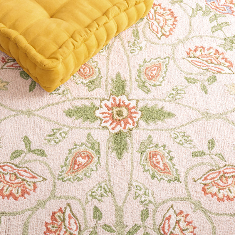 Tapis beige / vert en laine à motif floral crocheté à la main Hollander, Ovale 7 pi 6 po x 9 pi 6 po
