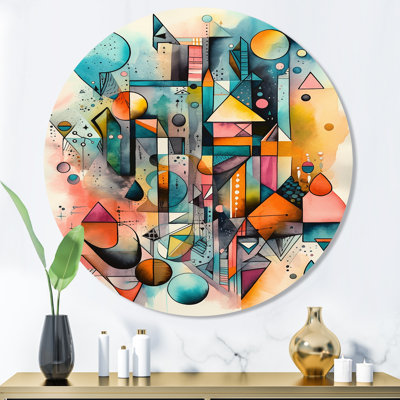 Blue And Orange Geometry Balance II - Abstract Geometric Round Wall Art on Metal