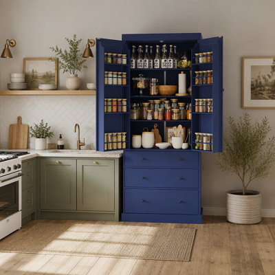 Armoire de cuisine 77 pouces Farmhouse, armoire de rangement haute autoportante avec 3 tablettes réglables, 8 tablettes de porte, 3 tiroirs pour la cuisine, la salle à manger, bleu
