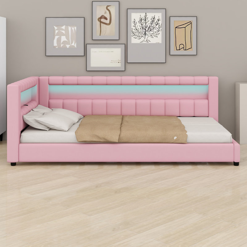 Modern Upholstered Platform Bed Featuring USB Ports and LED Belt, Simple extra long, Pink