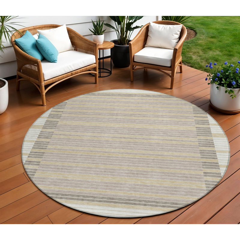 8' Ivory And Beige Round Striped Washable Indoor Outdoor Area Rug