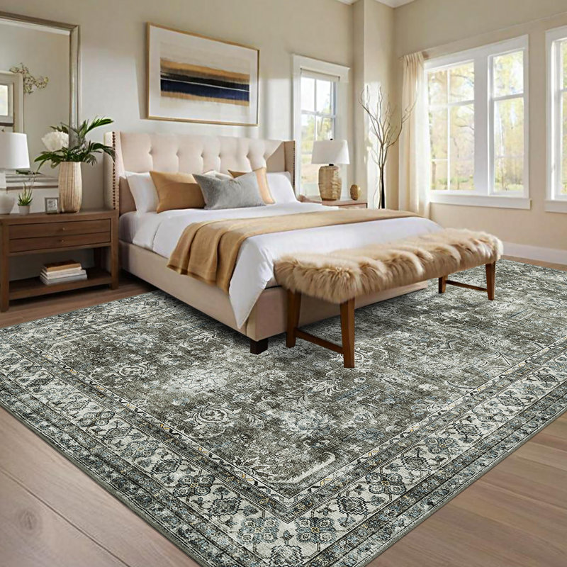 Vintage Rug for Living Room 9x12 Non Slip Washable Rugs Traditional Distressed Retro Carpet Retro Floral Mat for Nursery Bedroom