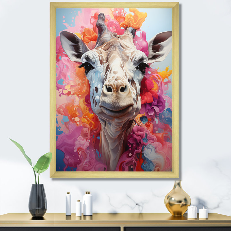 Multicolore girafe pastel Giants - Girafe sur toile, art mural, Cadre doré simple, H 44 po x l 34 po x P 1,5 po