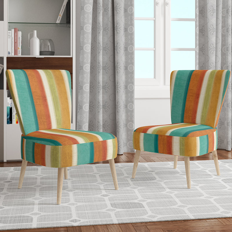 Upholstered Floral Side Chair - Modern floral Accent Chair, Striped Blue/Green/Orange Polyester Blend