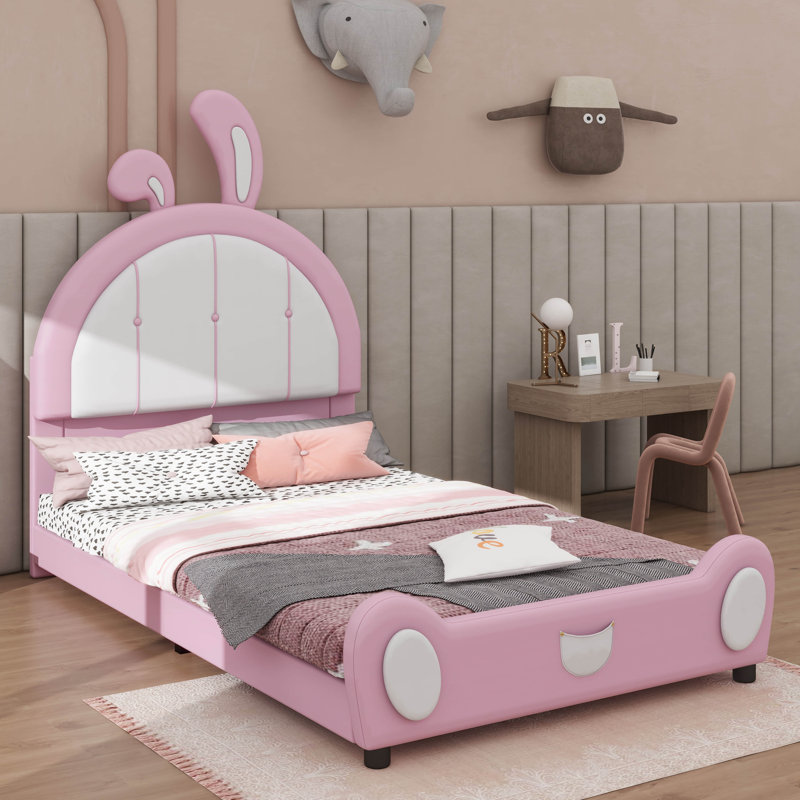 Lit plateforme simple avec structure rembourrée et tête de lit en forme de lapin, Rose/Blanc