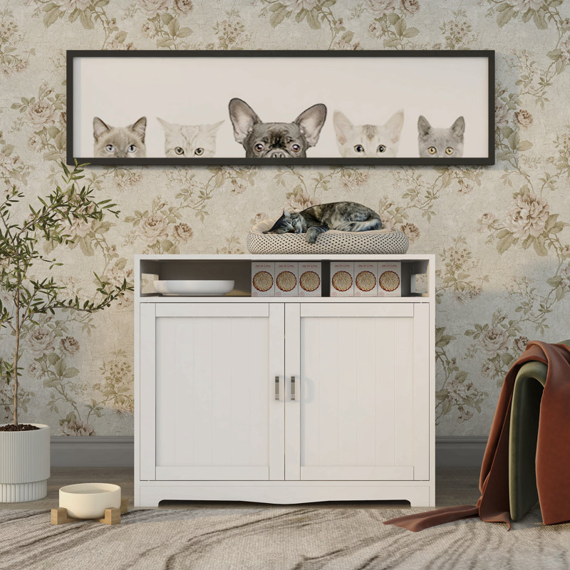 Enceinte de litière, meuble de litière pour chat avec prise dissimulée, 2 portes, banc de rangement pour salle de bain pour chat, table d'appoint pour chat, grand bac à litière en bois inclus, blanc