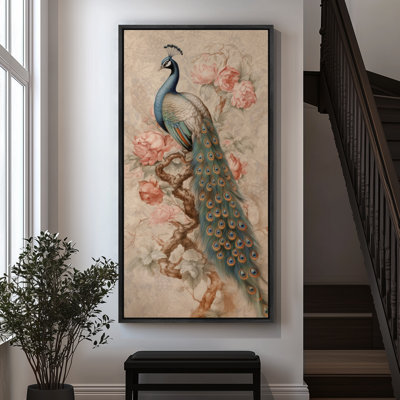 Royal Blue Peacock with Floral Branches Botanical Ornamental Bird Wall Decor - Large Framed Canvas Master Bedroom Wall Art Print