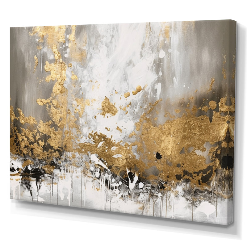Or et blanc abstrait - art mural abstrait, H 24 po x l 32 po x P 1 po, Toile tendue