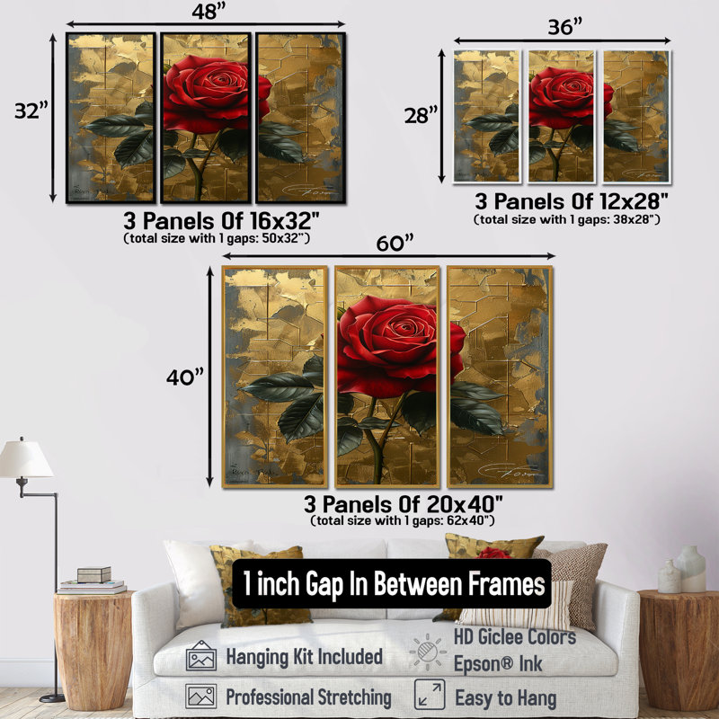 Ensemble de salon art mural rétro rose rouge I, Cadre flottant noir, H 40 po x l 60 po x P 1 po