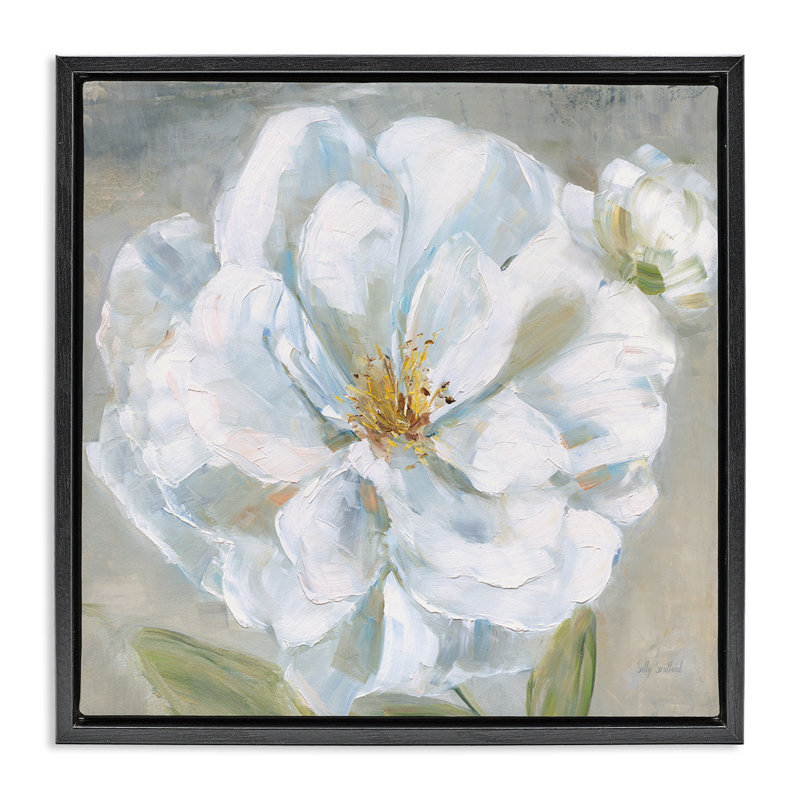 «Curling White Flower Petals», art mural encadré par Sally Swatland, H 18 po x l 18 po, Cadre flottant noir de jais