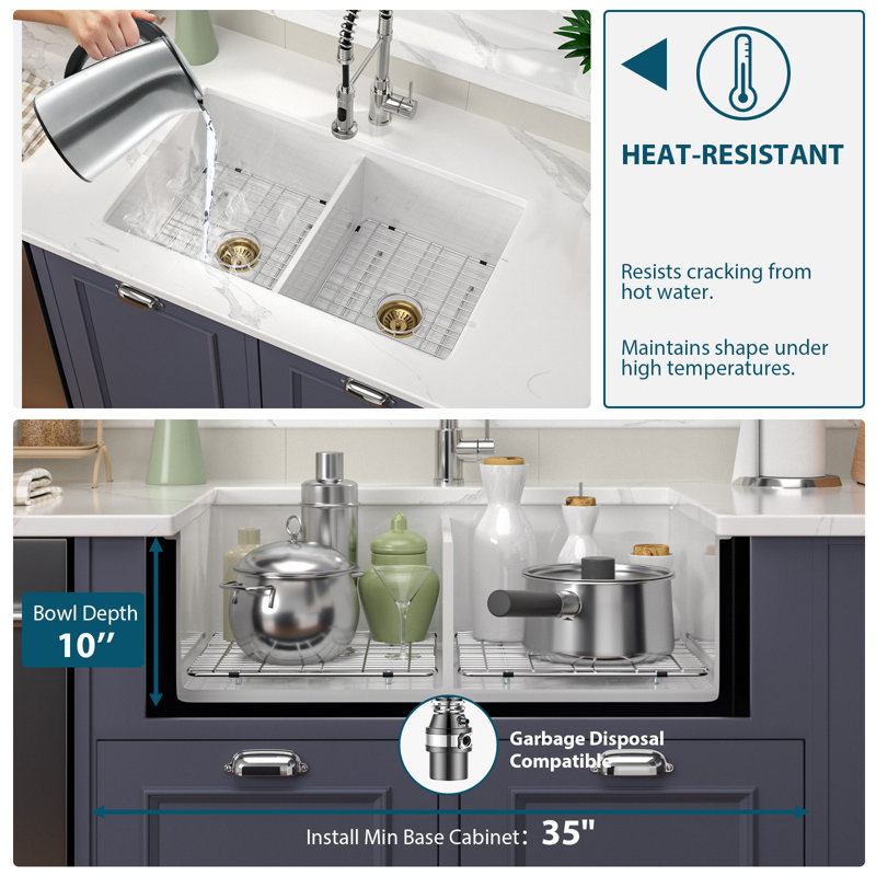 Évier de cuisine rectangulaire encastré 32 po x l 19 po x l 10 po en céramique blanc avec accessoires