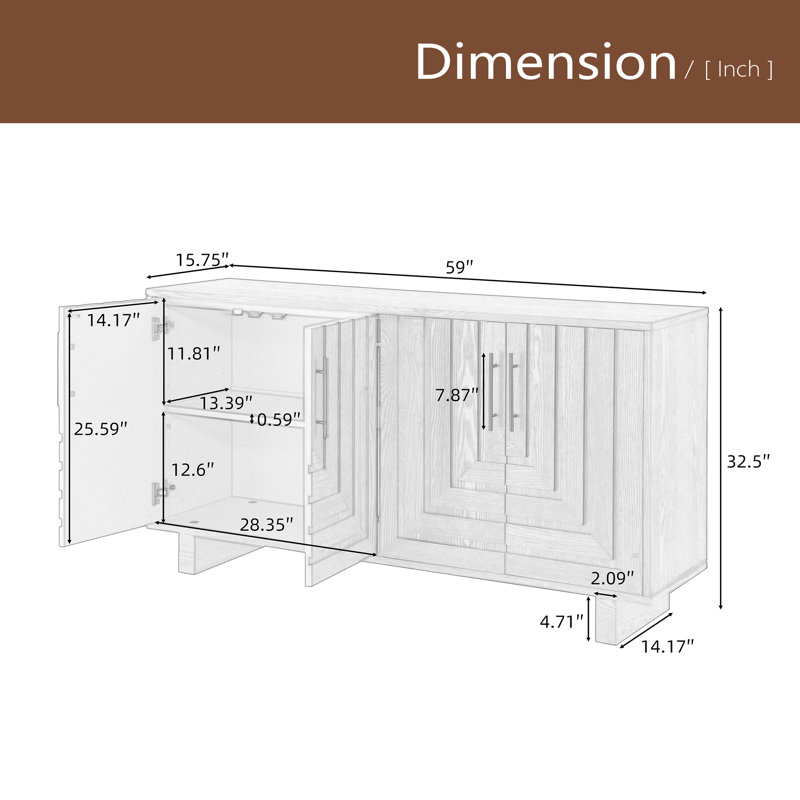 Modern Sideboard, 59''×15.75''×32.5'' Storage Cabinet With 4 Doors, MDF  With Metal Handles, Natural Finish, Suitable For Dining/Living Room Storage