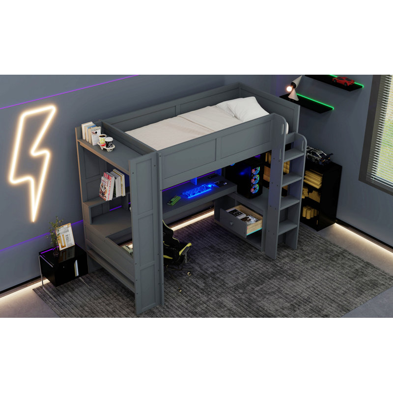 Lit mezzanine avec bureau Gaming, tablettes multi-rangements, DEL et station de charge, gris foncé, Simple