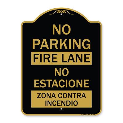 Enseigne Signmission Designer Series - Pas de couloir de feu - Non Estacione Zona Contra Incendio | Enseigne architecturale noire et dorée en aluminium de gros calibre 18 po x 18 po | Protégez votre entreprise | Fabriqué aux États-Unis