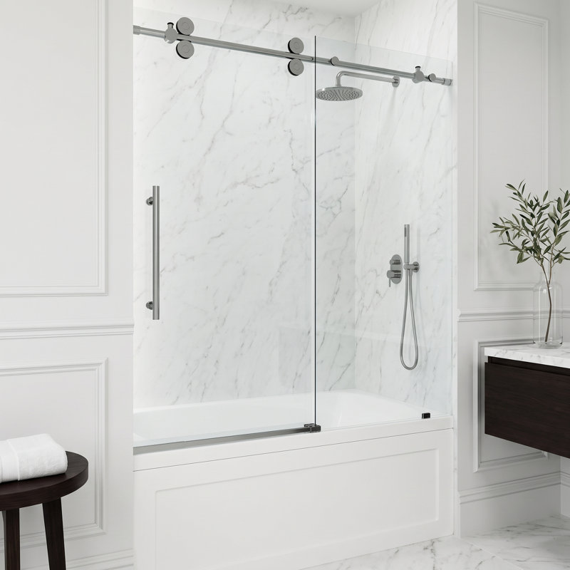 Elan 56-60" W x 66" H Sliding Frameless Tub Door with 3/8" Clear Glass, Stainless Steel