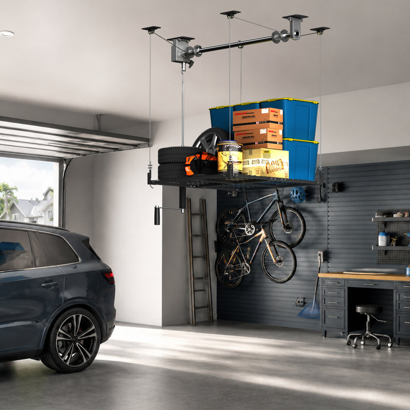 Élévateur de rangement pour garage aérien, support de plafond robuste réglable de 47,24 x 47,24 po avec verrou de sécurité, système d'organisation de garage, capacité de charge de 400 lb (édition standard)