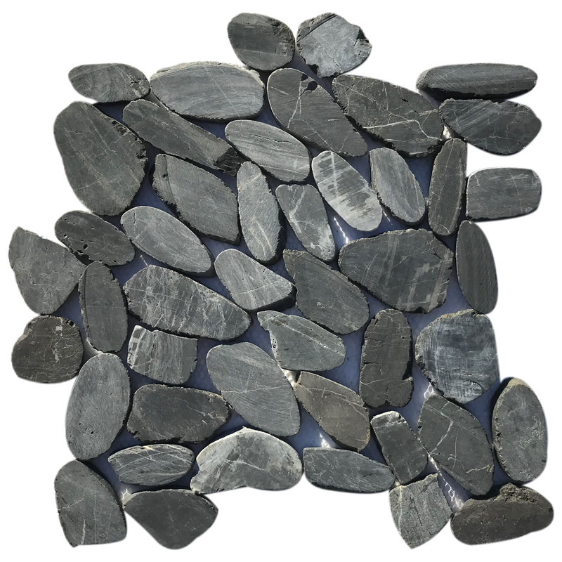 River Sliced Random Sized Stone Pebble Tile in Black