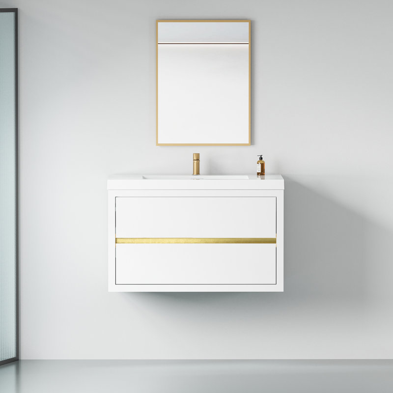 Armoire de salle de bain 36 po avec lavabo, rangement spacieux et spacieux, comptoir de salle de bain flottant en résine hygiénique blanc brillant et tiroirs à fermeture en douceur