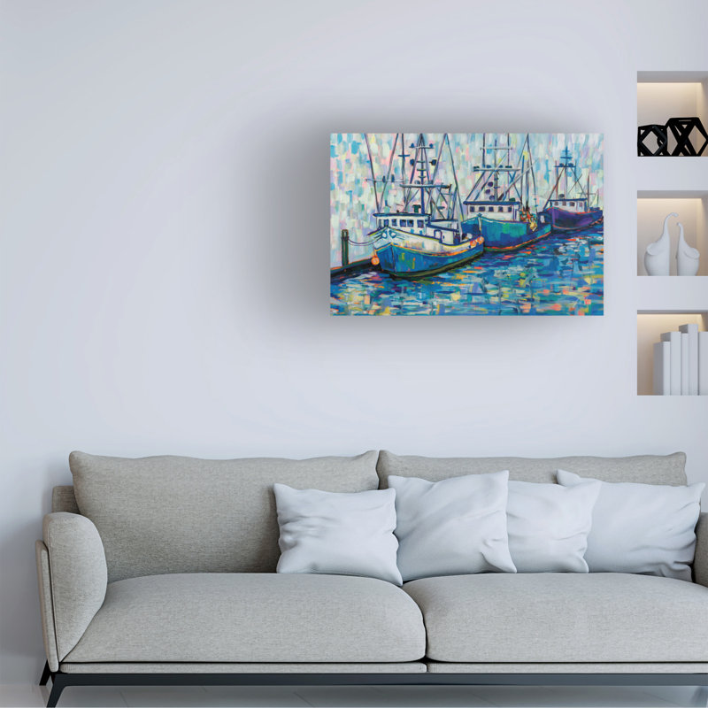 Œuvre sur toile, bateaux de Jeanette Vertuites, H 22 po x l 32 po