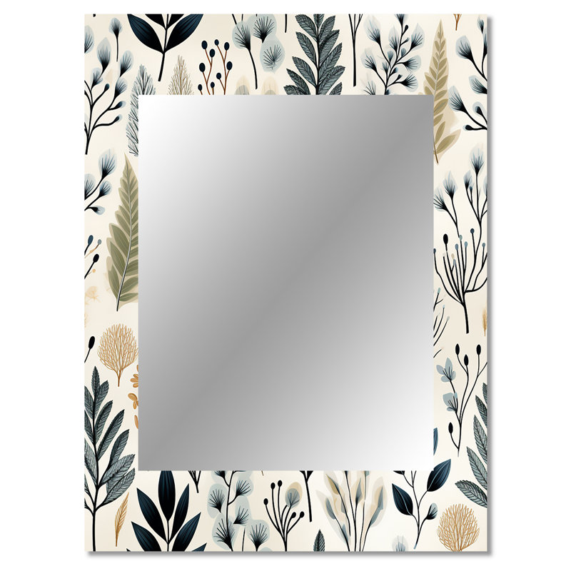 Ambrette Monochrome Botany - Plants Decorative Mirror, Boho Wall Mirror, Printed Metal Art, 40" x 30"