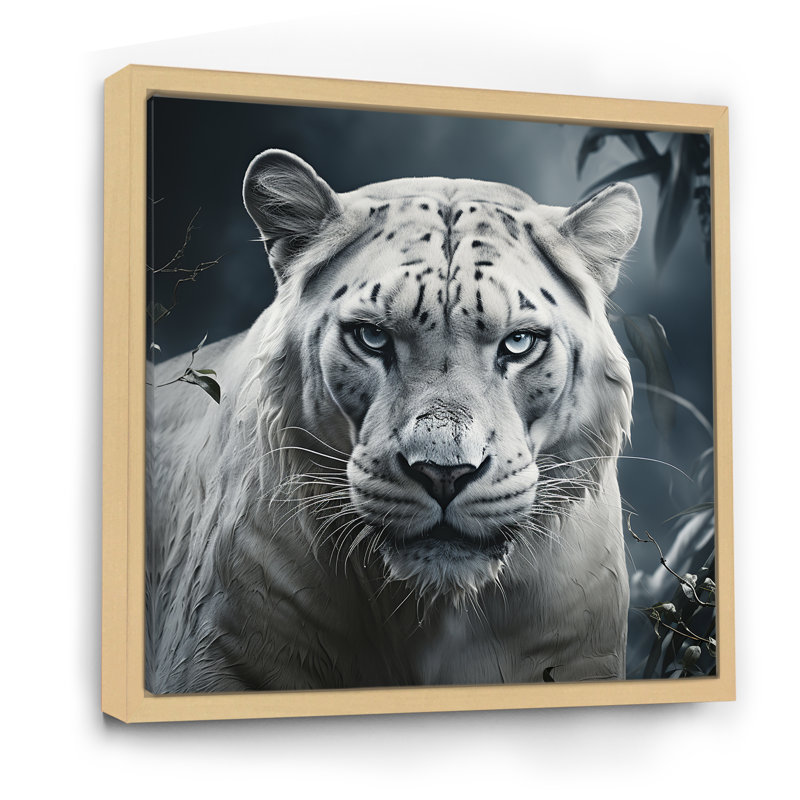 Léopard blanc et gris dans la jungle - art mural animal léopard / guépard, Cadre flottant brun, H 30 po x l 30 po x P 1,5 po