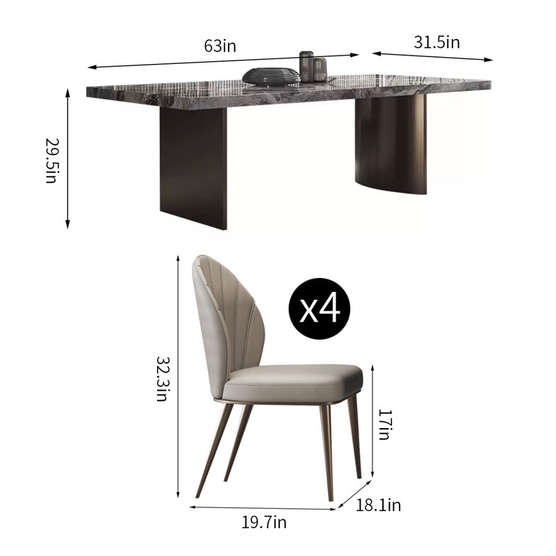 Modern Rectangular Glossy Marble Dining Table Set, 5 Pieces: Table, 4 Chairs, 29.5"H x 63"L x 31.5"W