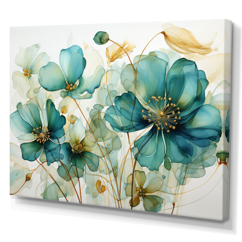 «Teal Green Organic croissance - Abstract Botanicals», art mural, H 12 po x l 20 po x P 1 po, Encadrement argenté