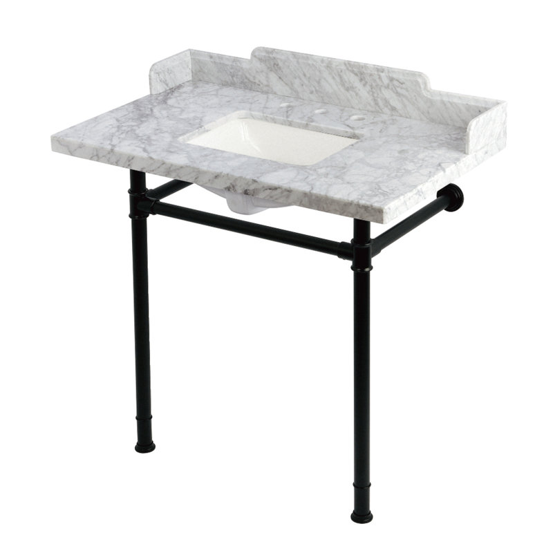 Kingston Brass Wesselman 36-Inch Carrara Marble Console Sink with Stainless Steel Legs (8-Inch, 3-Hole), Matte Black