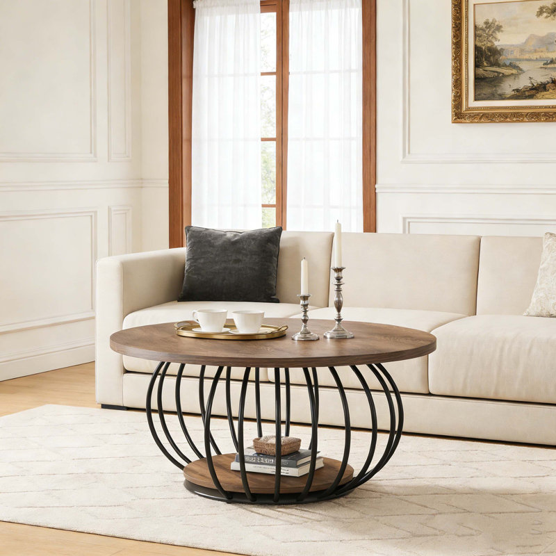 Round 2-Tier Accent Center Cocktail Table With Storage Shelf