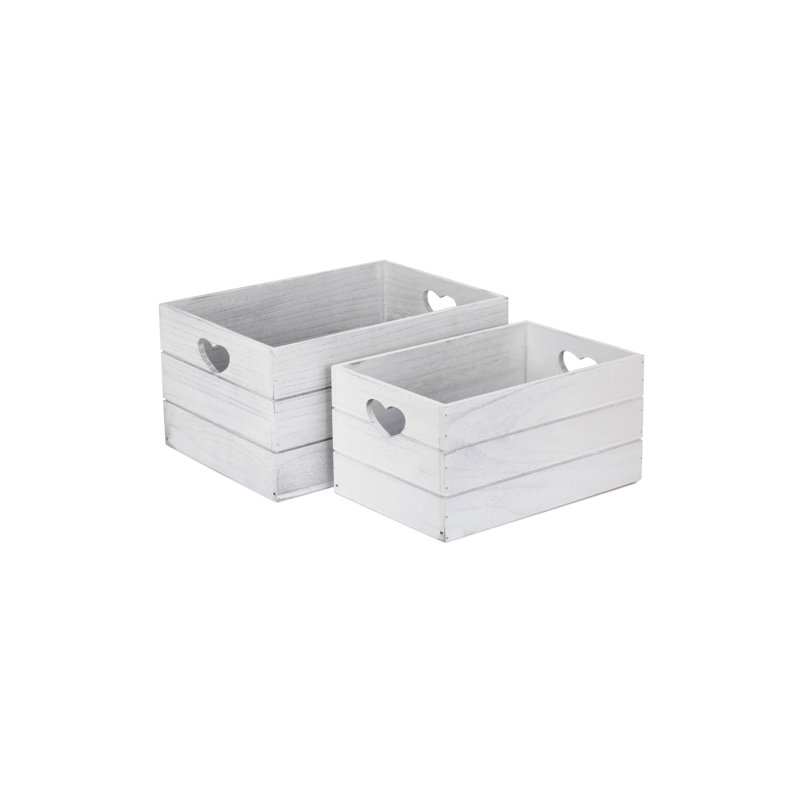 2 Piece Wooden Crate Set with Heart Cut Out, White Wash