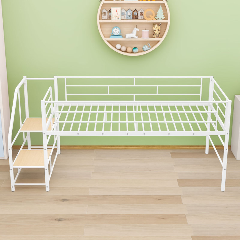 Lit mezzanine simple avec garde-corps et escaliers de rangement intégrés, Blanc