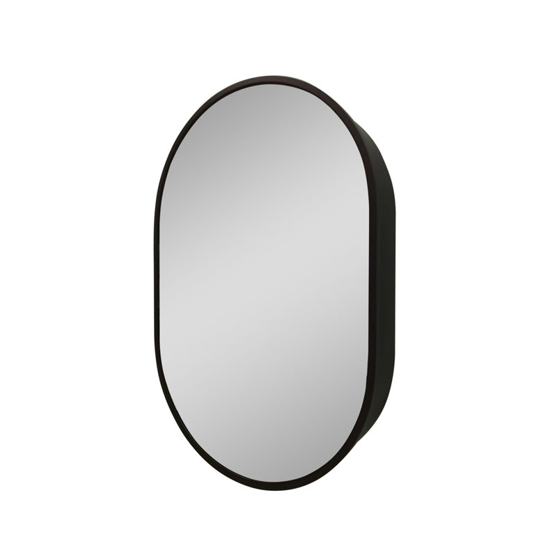 Oval Black Metal Framed Wall Mount Bathroom Medicine Cabinet With Mirror, 34.25" H x 23.23" W  x 8" D