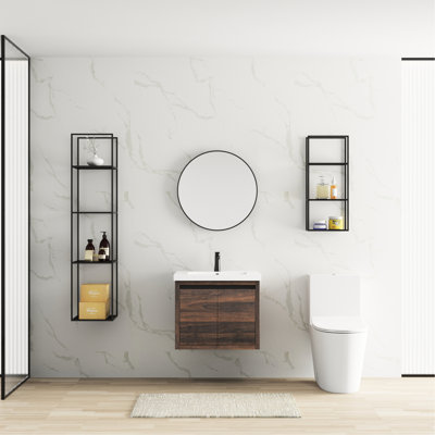 Armoire de salle de bain 24 po avec fixation murale et lavabo - noyer, espace, moderne, montage en résine 24 po, fermeture douce, contemporain