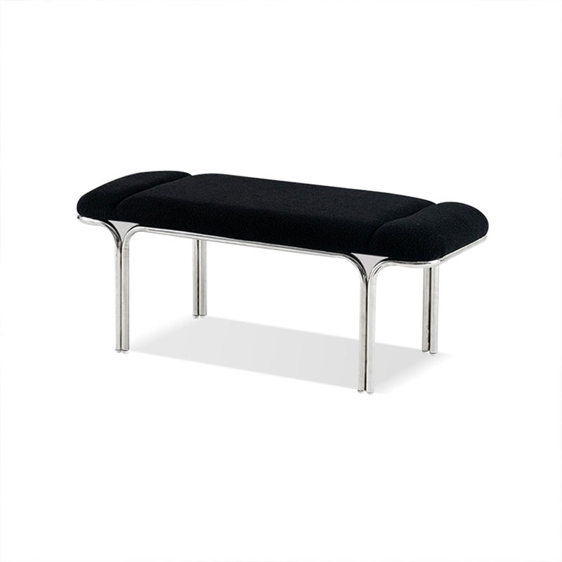 Black Velvet Upholstered Silver Stainless Steel Bench, Black