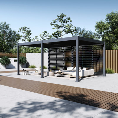 Grand Tuscan 12x20 Louvered Pergola w/ 20' Horizontal Fixed Deco Panel Sidewall