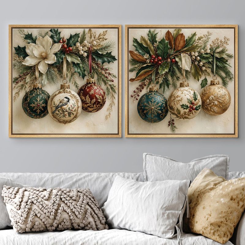 Ensemble de 2 reproductions d'art rustique des fêtes avec branches à feuilles persistantes et charme festif d'hiver encadré sur toile