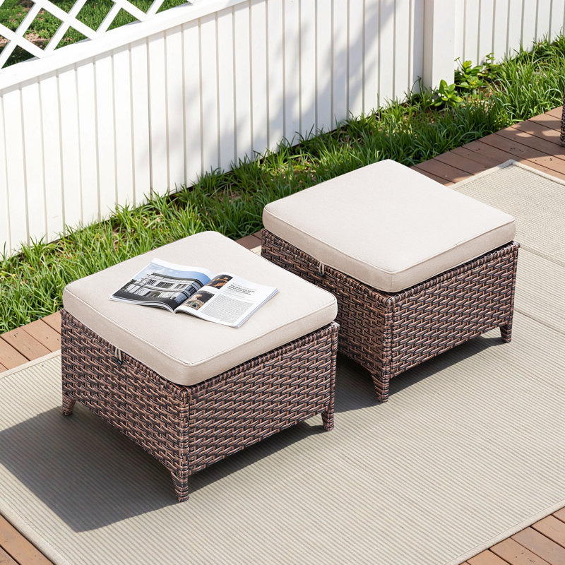Ensemble de repose-pieds d'extérieur en osier pour patio - 2 pièces repose-pieds en rotin avec coussins épais (ensemble de 2)