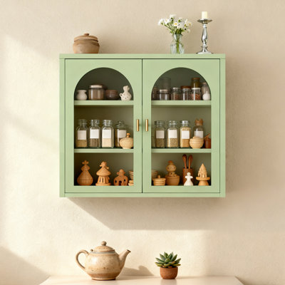 Armoire murale en métal avec portes semi-arquées en verre, armoire de rangement murale à 3 niveaux avec tablettes amovibles, armoire à pharmacie moderne pour cuisine, salle de bain, vert