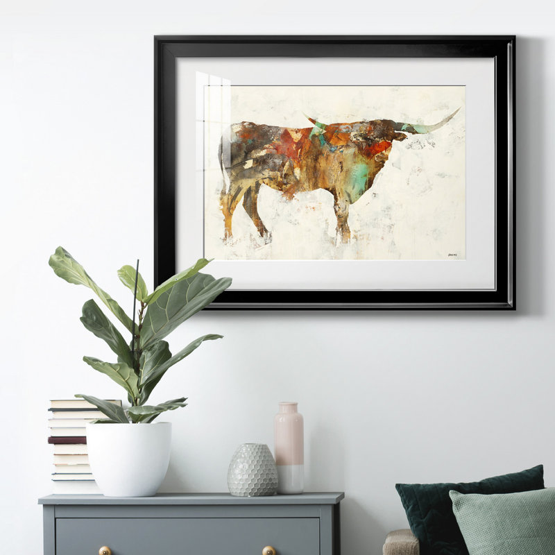 " Long Horn ", Black Framed Paper, 22.5" H x 30.5" W x 1.5" D
