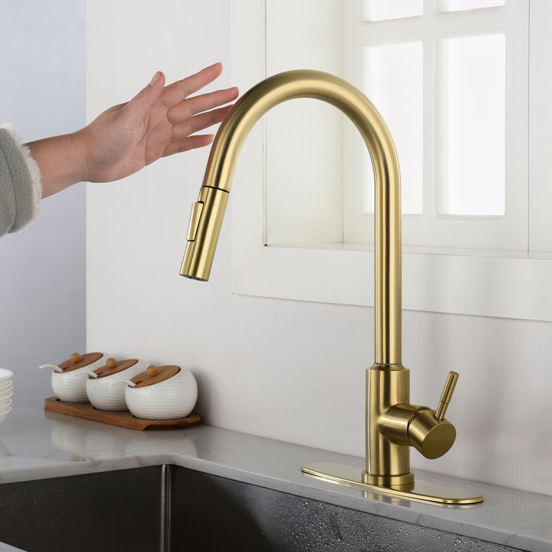 Touch Kitchen Faucet With Pull Down - 360-Degree Turning Nozzle, Single Handle To Adjust Water Temperature And Flow Smoothly, Rust, Gold Stainless Steel, 16.19 In. Depth, 10.24 Width, 8.92 Height,