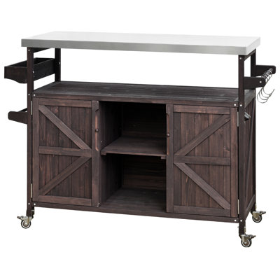 Solid Fir Wood Outdoor Storage Cabinet With Gas Line Hole & Adjustable Shelves Grill Table - Stainless Steel Top Internal