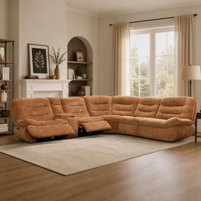 Canapé modulaire orange en chenille à mouvement électrique avec console et port USB