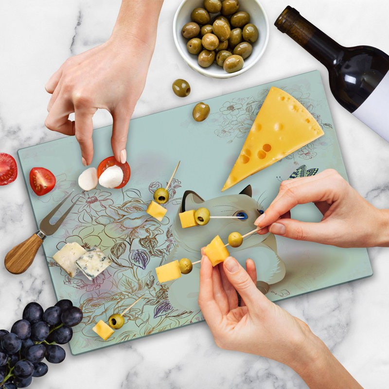 Ambesonne Cat Cutting Board Large Size Pastel Kitty and Butterflies Multicolor