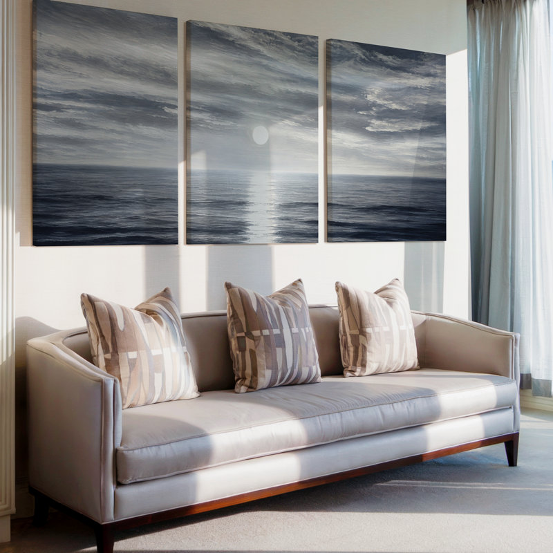 3 pièces, art mural grand paysage clair de lune brumeux au coucher de soleil, 14 x 33 po