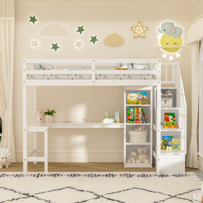 Twin Loft Bed With L-shaped Desk & Led Lights & Charging Station, Solid Wood Loft Bed Frame With Storage And Stairs For Kids, White by Harriet Bee